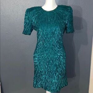 Vintage Laurence Kazar green Sequin Dress Petite small Stunning!
